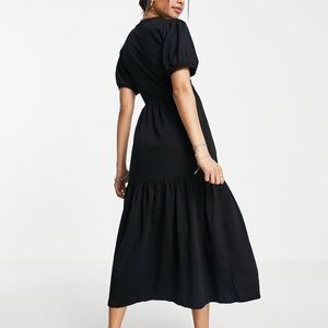 Petite tiered midi wrap dress with puff sleeve